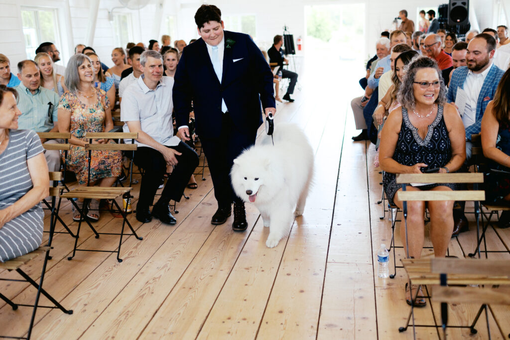 Samoyed walking down the aisle at Ivory North. By Toly Dzyuba Photography - Minnesota wedding photographer