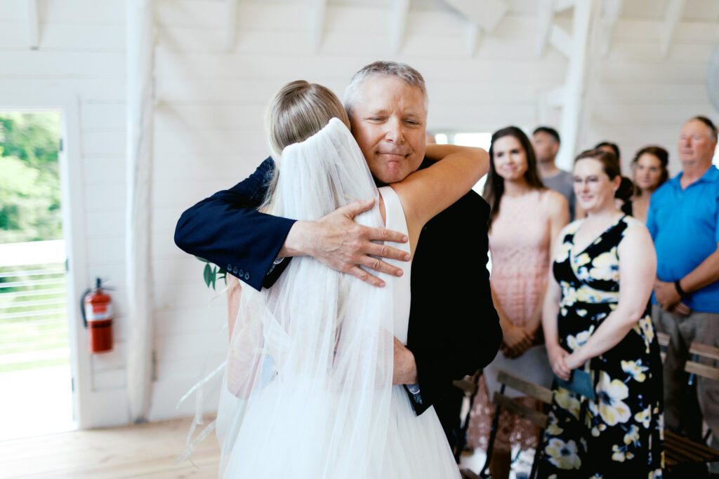 Minnesota wedding photographer capturing the moment when father is giving away the bride at Ivory North