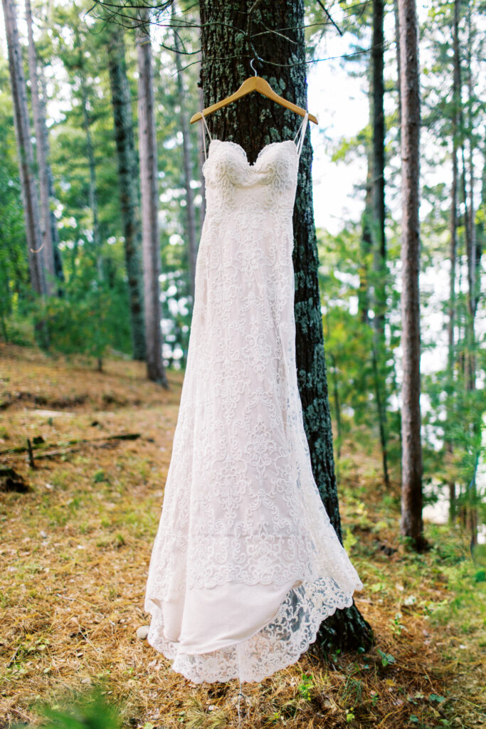 Wedding dress hanging on the tree in the woods by the lake.