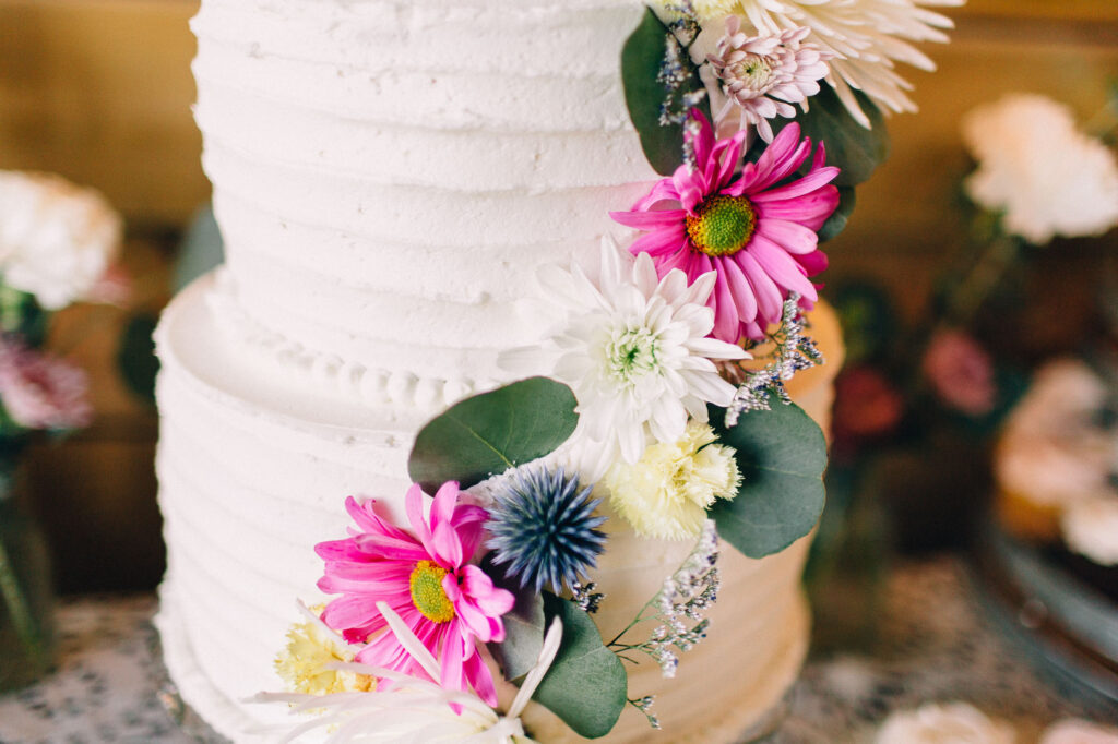 wedding cake with flowers.
