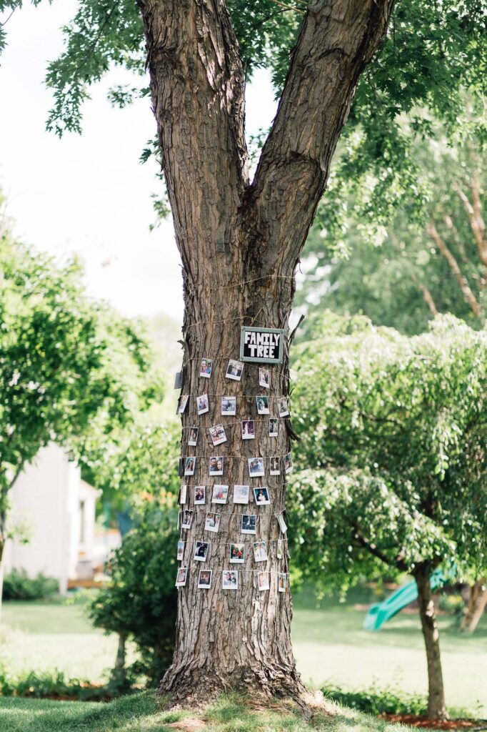 Tall tree covered in guest list at the summer backyard wedding in Minneapolis.