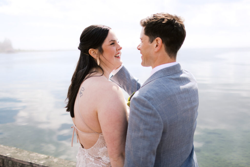 Romantic close up elopement portrait on the North Shore of Lake Superior in Grand Marais, Minnesota.