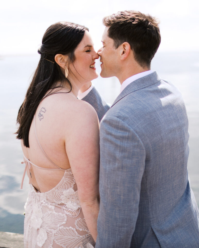 Romantic wedding portrait on the North Shore of Lake Superior in Grand Marais, Minnesota.